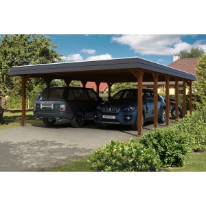 Skan Holz Carport Spreewald Doppelcarport Nussbaum mit EPDM Dach und schwarzer Blende.