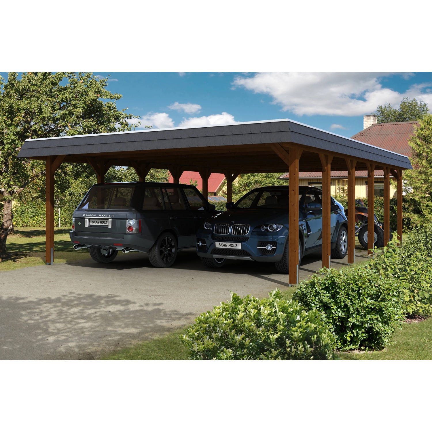 Skan Holz Carport Spreewald 585 cm x 893 cm EPDM Dach schwarze Blende Nussb günstig online kaufen