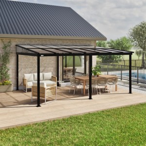 Sojag Terrassenüberdachung St. Barth, anthrazit, 363x484cm, mit Möbeln auf Terrasse.