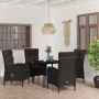 Schwarze 5-tlg. vidaXL Garten-Essgruppe mit Kissen, bestehend aus Tisch und Stühlen aus Rattan und Stahl.