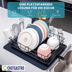 CHEFGASTRO Abtropfgestell Geschirr 15x42x31cm Stahl Mit Besteckhalter Tassenhalter Drehbarem Wasserablauf Abtropfbrett & Trockenmatte