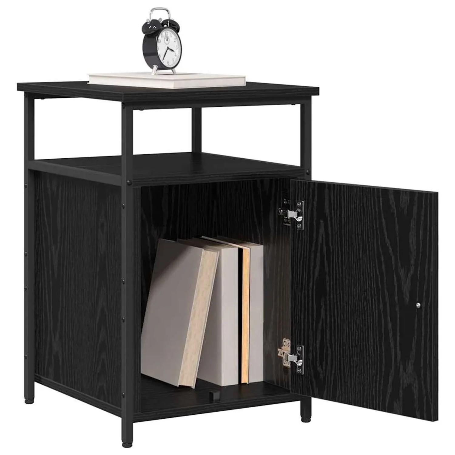 Schwarzer Nachttisch in Eichen-Optik mit Tür, Ablage und Uhr. Modernes Design für Schlafzimmer.
