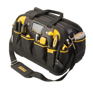 Stanley FatMax Werkzeugtasche FMST1-73607, schwarze Werkzeugtasche mit gelben Akzenten und vielen Fächern.