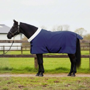 Dunkles Pferd trägt marineblaue Polarfleece-Pferdedecke mit weißem Kragen und verstellbaren Gurten im Freien.