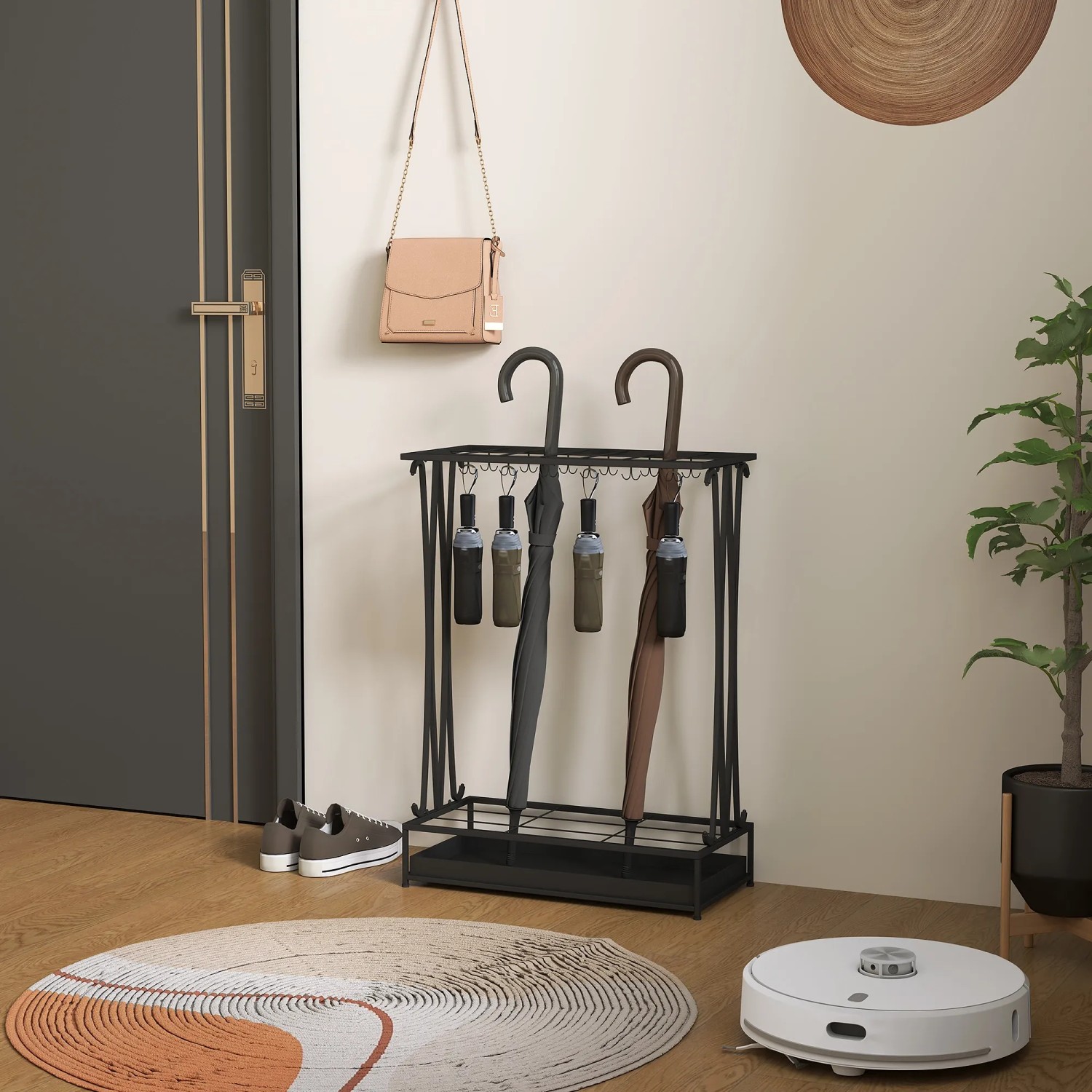 HOMCOM Schirmhalter aus Stahl, schwarz, mit 24 Haken für bis zu 21 Schirme.