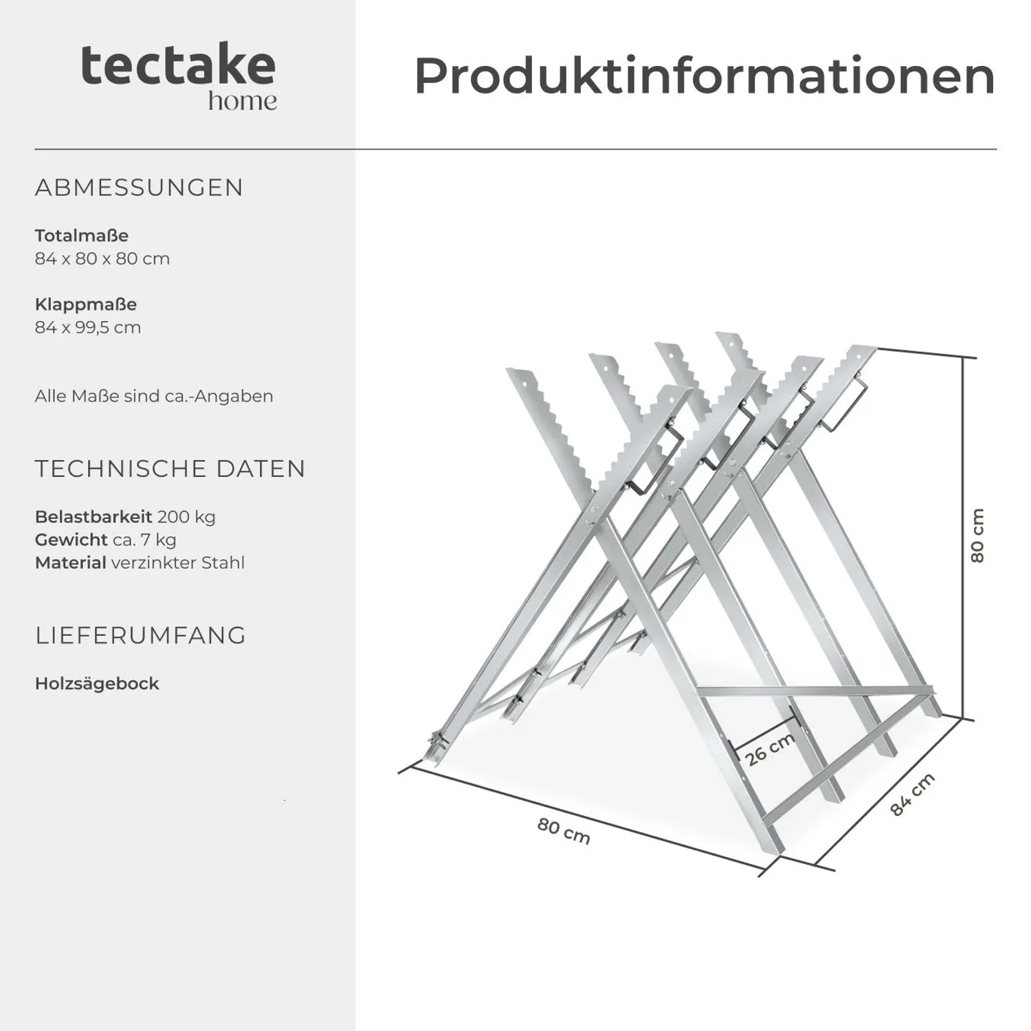 Tectake Holzsägebock Horst aus verzinktem Stahl, zusammengeklappt, mit Maßen.