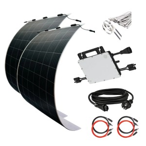 MyVoltaics Balkonkraftwerk 620W mit 2 flexiblen Solarmodulen, Wechselrichter, Kabel und Zubehör.
