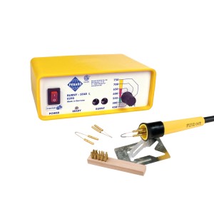 Pebaro Profi Brandmal-Station mit Temperaturregler, Brennkolben, Brennschleifen und Reinigungsbürste.