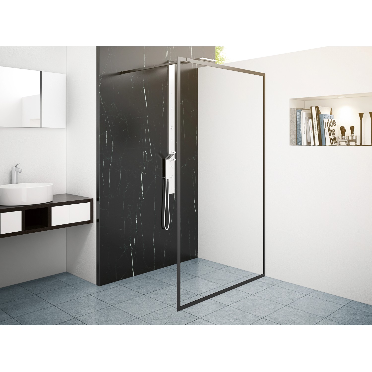 Begehbare baliv Duschabtrennung Walk-In DUK-120.81, 120x195 cm, Schwarz, mit transparentem Glas.
