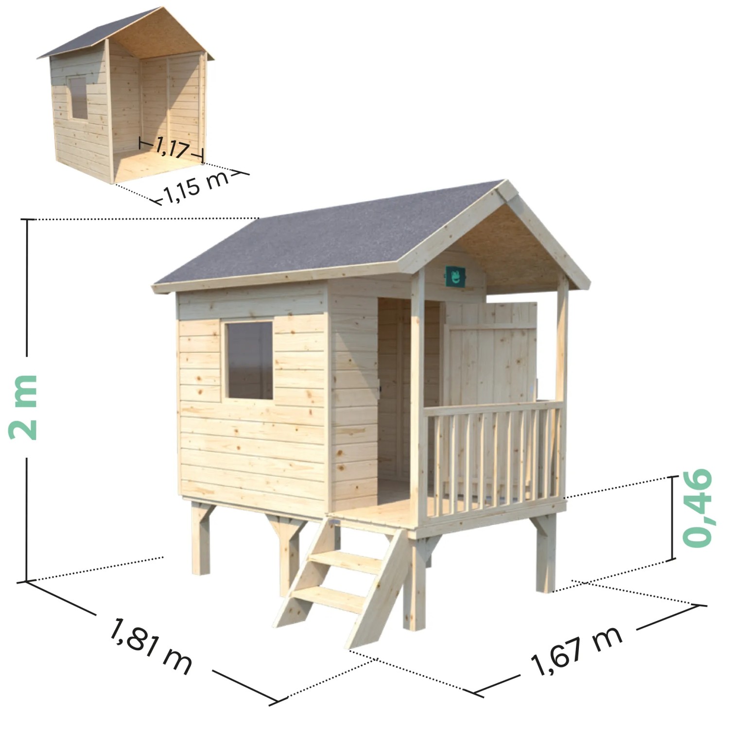 Soulet Kinderspielhaus Kangourou+ aus Holz mit Terrasse, 167x181x200cm. Ideal für Kinder zum Spielen im Garten.