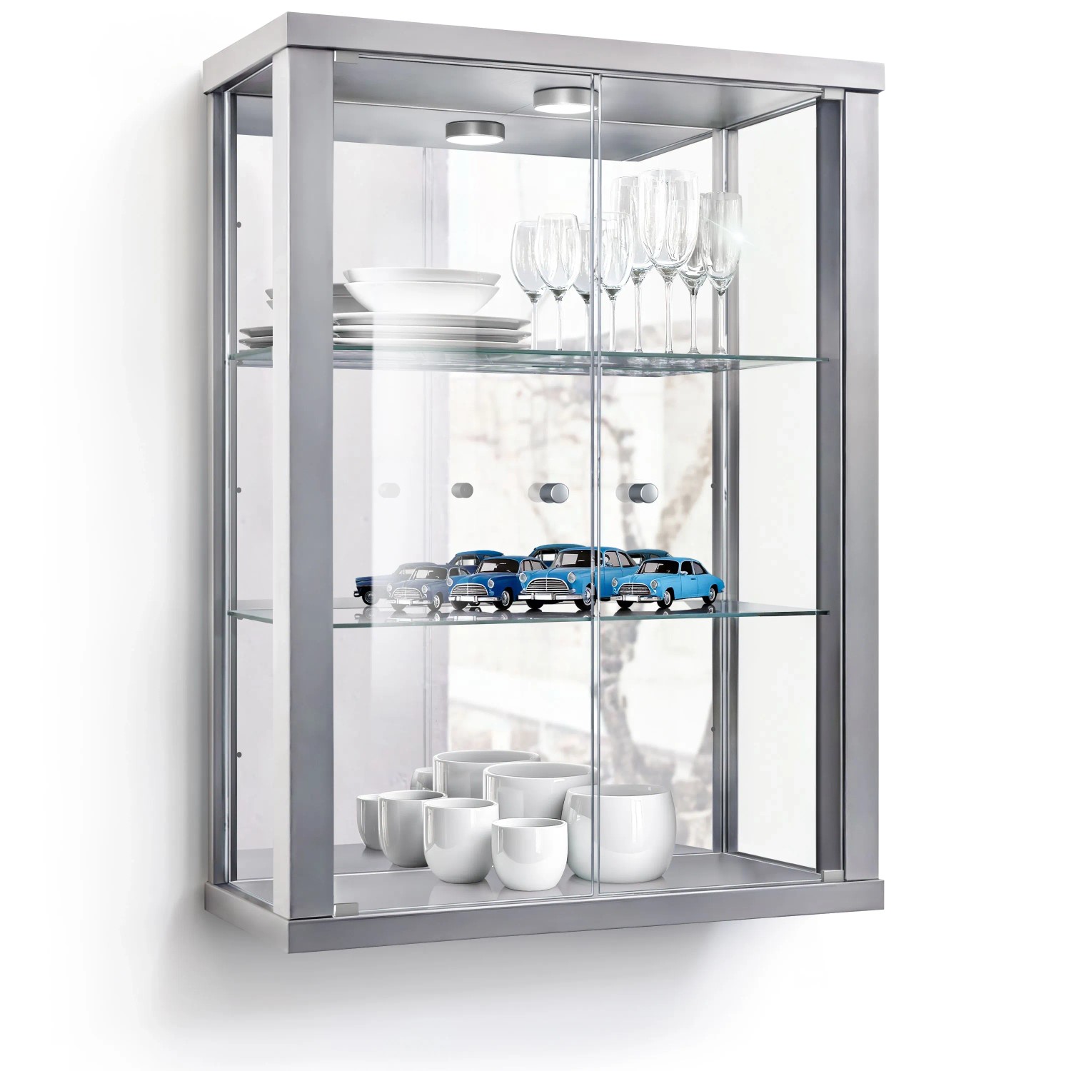 K-Möbel Wandvitrine Glas 80x60x25 Cm Made In Germany Mit Led & Spiegel & 2 Höhenverstellbaren Esg Glasböden Silber