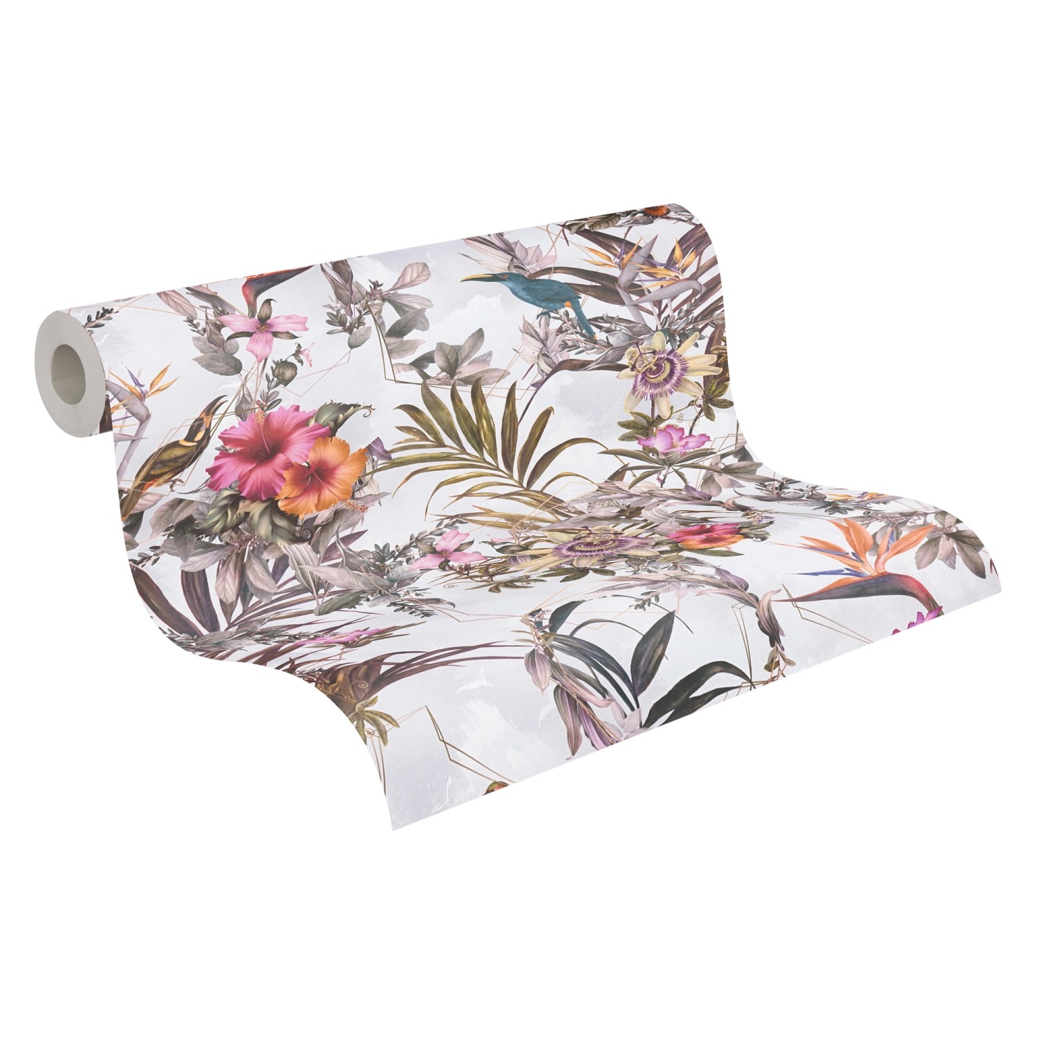 Vliestapete mit Blumenmuster in Weiß und Grün. Dekorative Tapete mit floralem Design.