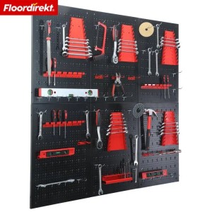 Floordirekt Werkzeugwand Parker Set mit 6 Lochplatten, Werkzeughalter in Schwarz und Rot.