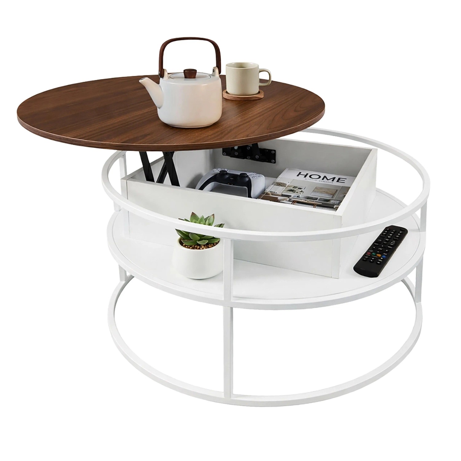 Relaxdays Couchtisch MDF Eisen Weiß Vintagebraun Höhenverstellbar mit Stauraum 46 cm x 80 cm