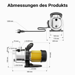 Wiltec Gartenpumpe 3800L/H 1200W Wasserpumpe Pumpe 4.8 Bar Teich Regenwasserpumpe