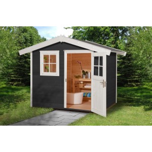 Anthrazitfarbenes Gartenhaus mit Satteldach, offener Tür und Fenster. Ideal als Gerätehaus oder Hobbyraum.