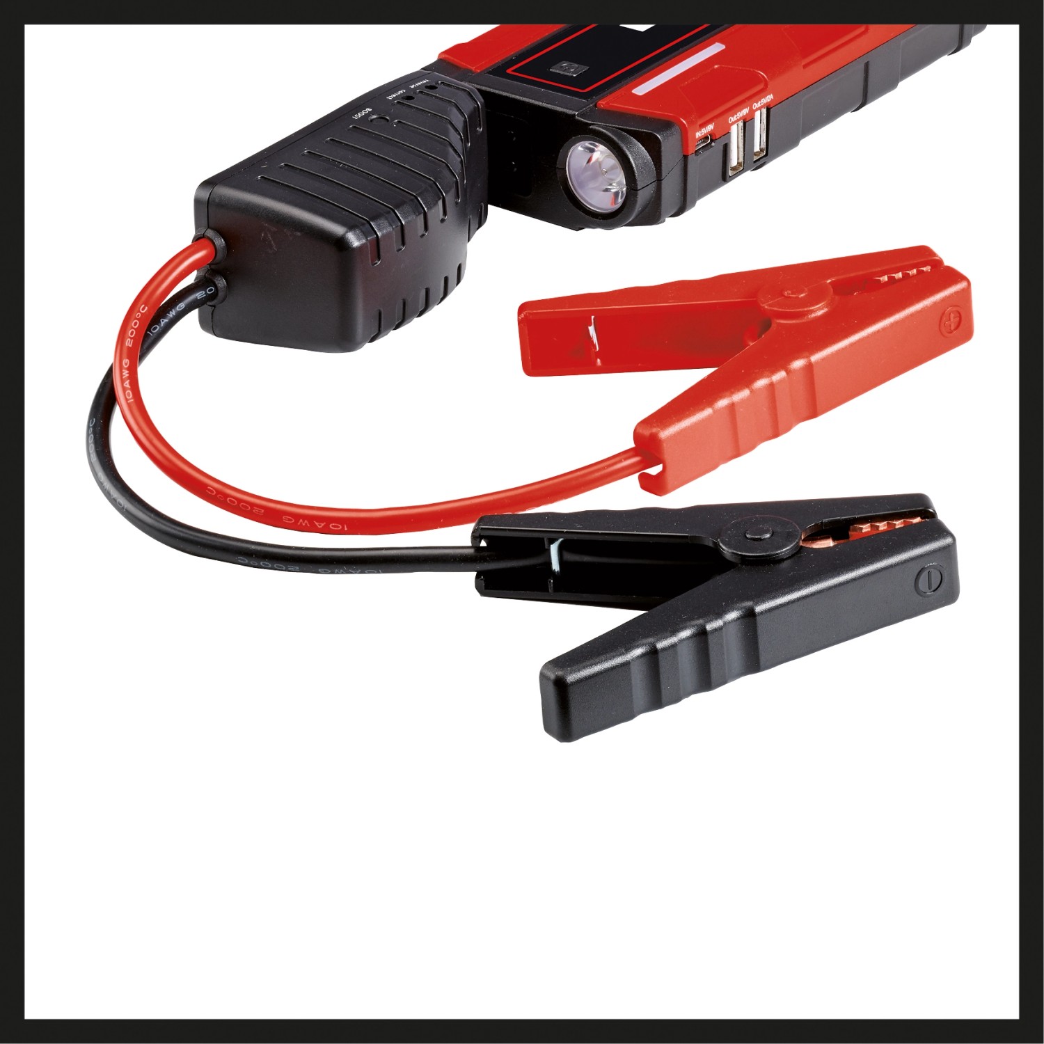 Einhell Power Bank CE-JS 8 mit Starthilfekabel, USB-Anschlüssen und LED-Leuchte.
