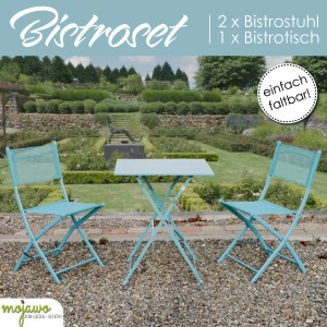 Türkisfarbenes 3er Balkonmöbel-Set: Klappbarer Tisch und zwei Stühle für Garten oder Terrasse.