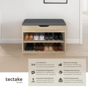 Tectake Schuhbank Jasmina Für 6 Paar Schuhe Mit Sitzpolster  60 x 30 x 43 50 cm Holz Hell  Eiche Sonoma