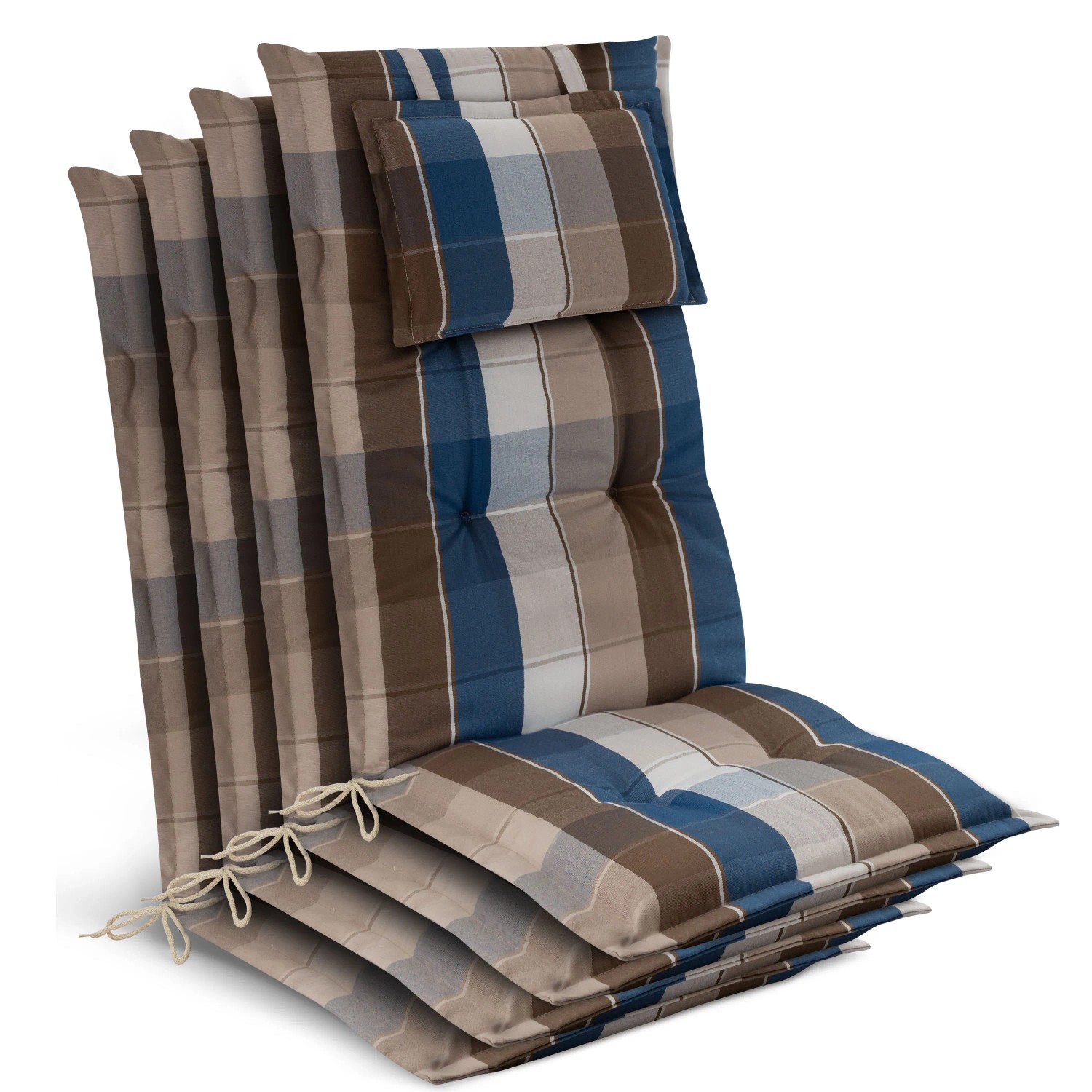 Beautissu 4x Gartenstuhlauflage Hochlehner 120x50x7cm Braun-Blau-Kariert