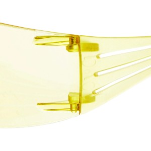 Detailaufnahme: Gelbe 3M SecureFit SF200 Schutzbrille, Augenschutz für Handwerker.