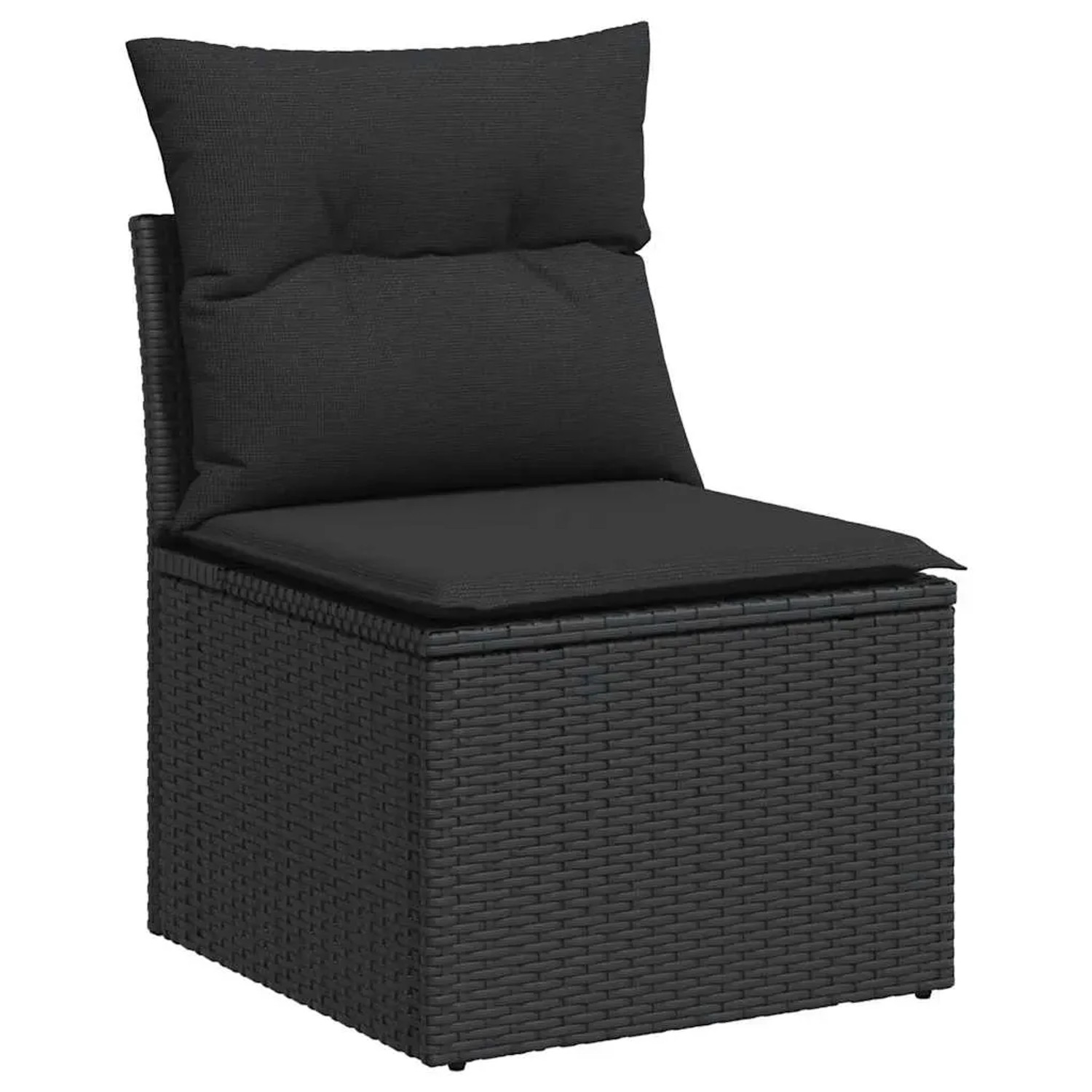 Schwarzes vidaXL Gartensofa aus Rattan mit Kissen, Teil einer 5-tlg. Garten-Sofagarnitur.
