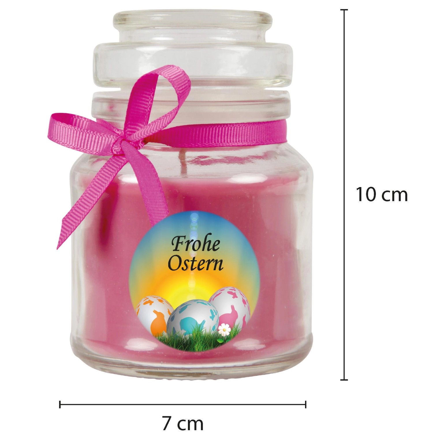 Duftkerze "Frohe Ostern" im Glas (Ø7cm) mit Lavendelduft und Ostereier-Motiv.