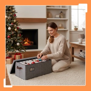 Graue Weihnachtskugelbox mit verstellbaren Fächern. Frau sortiert Christbaumschmuck.