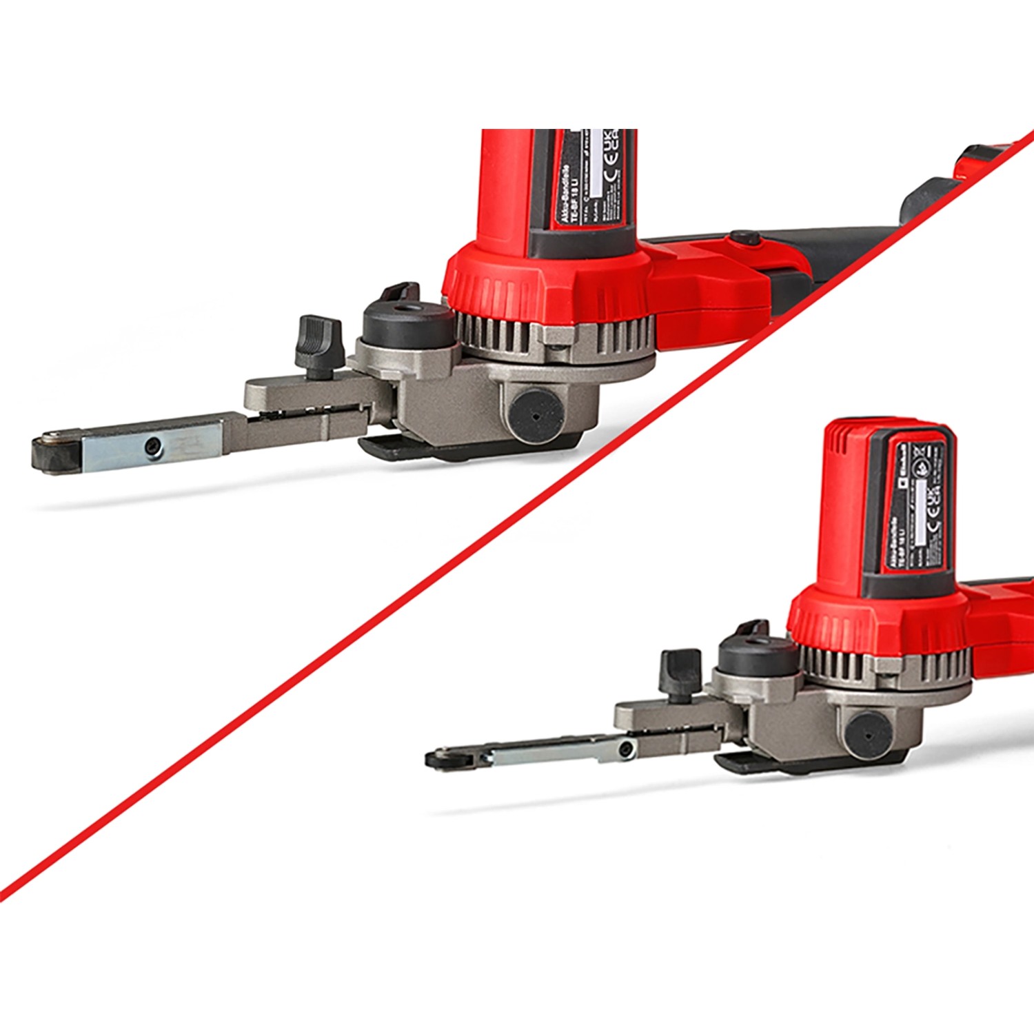 Einhell Akku-Bandfeile TE-BF 18 V Li-Solo: Akku-Schleifer mit zwei Schleifarmen in verschiedenen Positionen.