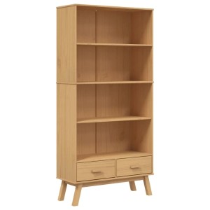 Skandinavisches Bücherregal OLDEN aus hellem Kiefernholz mit 4 offenen Fächern und 2 Schubladen.
