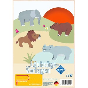 Pebaro Laubsägevorlage Wildlife I mit Elefant, Löwe, Nilpferd und Bär auf Sperrholzplatte.