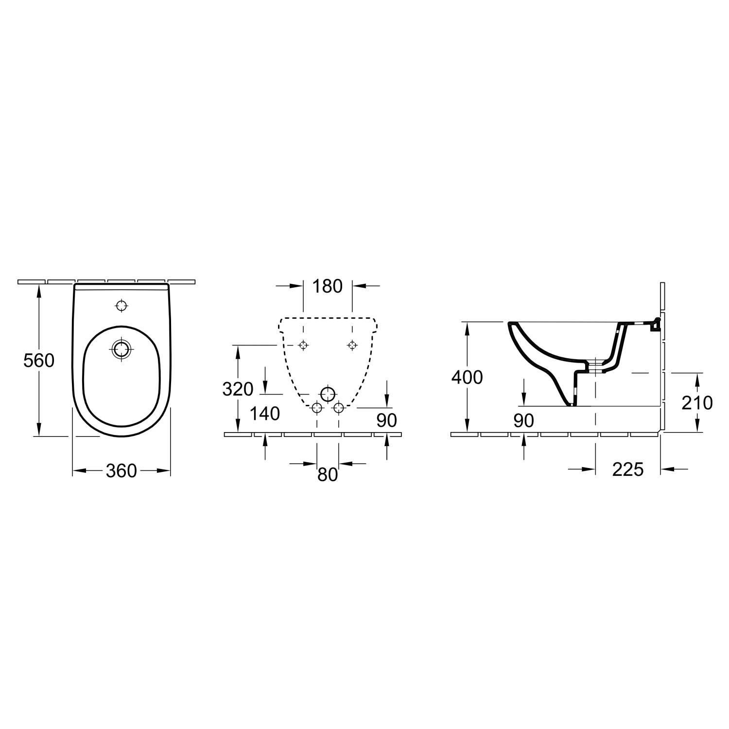 Technische Zeichnung: Villeroy & Boch O.novo Bidet, wandhängend, weiße Keramik, Maße