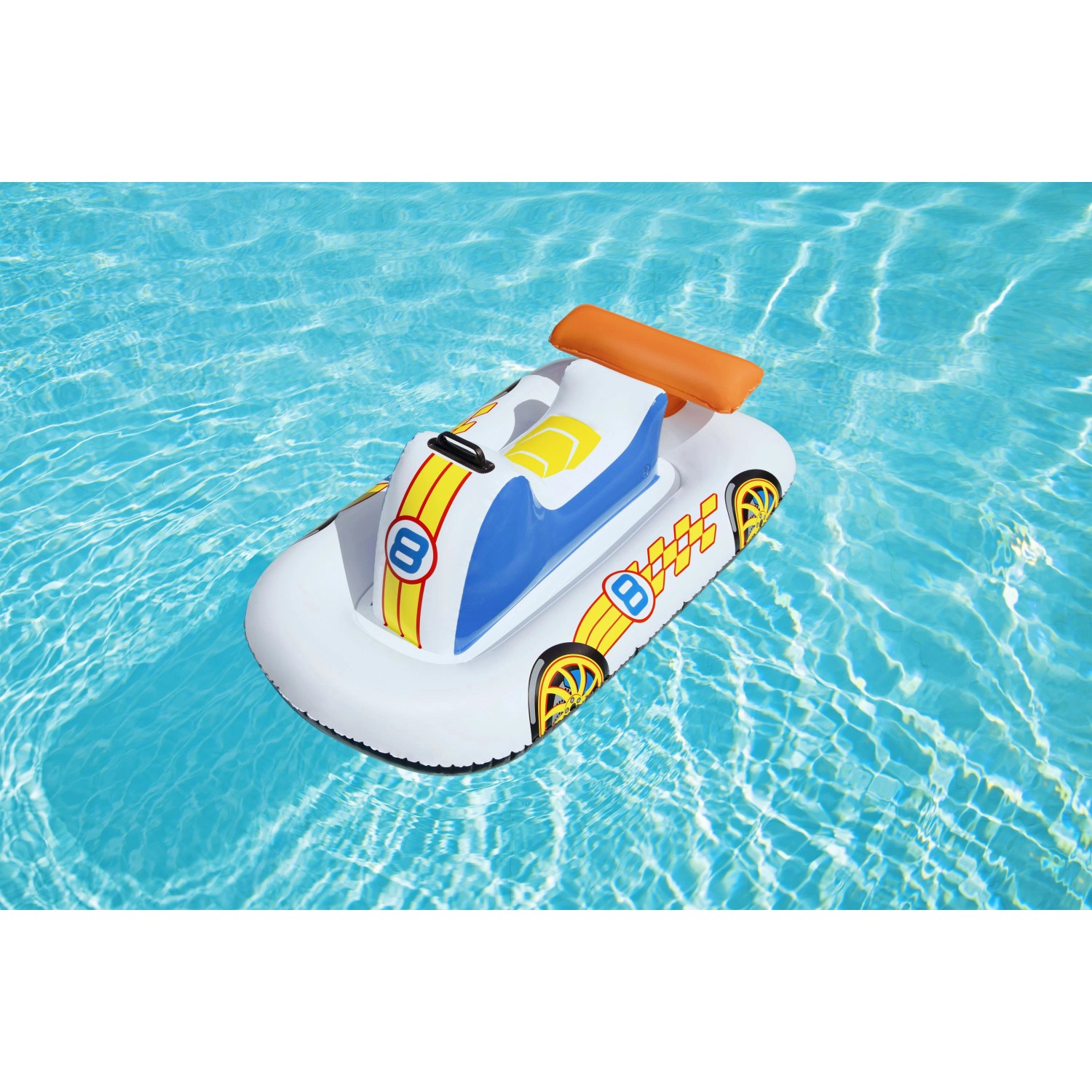 Bestway Poolschwimmer Rennauto im Wasser, buntes aufblasbares Schwimmtier für Kinder.
