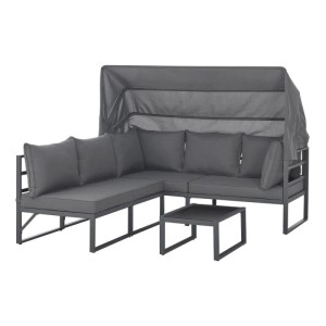 Graues Svita Maui Gartenmöbel-Lounge-Set mit ausziehbarem Dach, L-Sofa, Polstern und Beistelltisch. Ideal als Sonneninsel.
