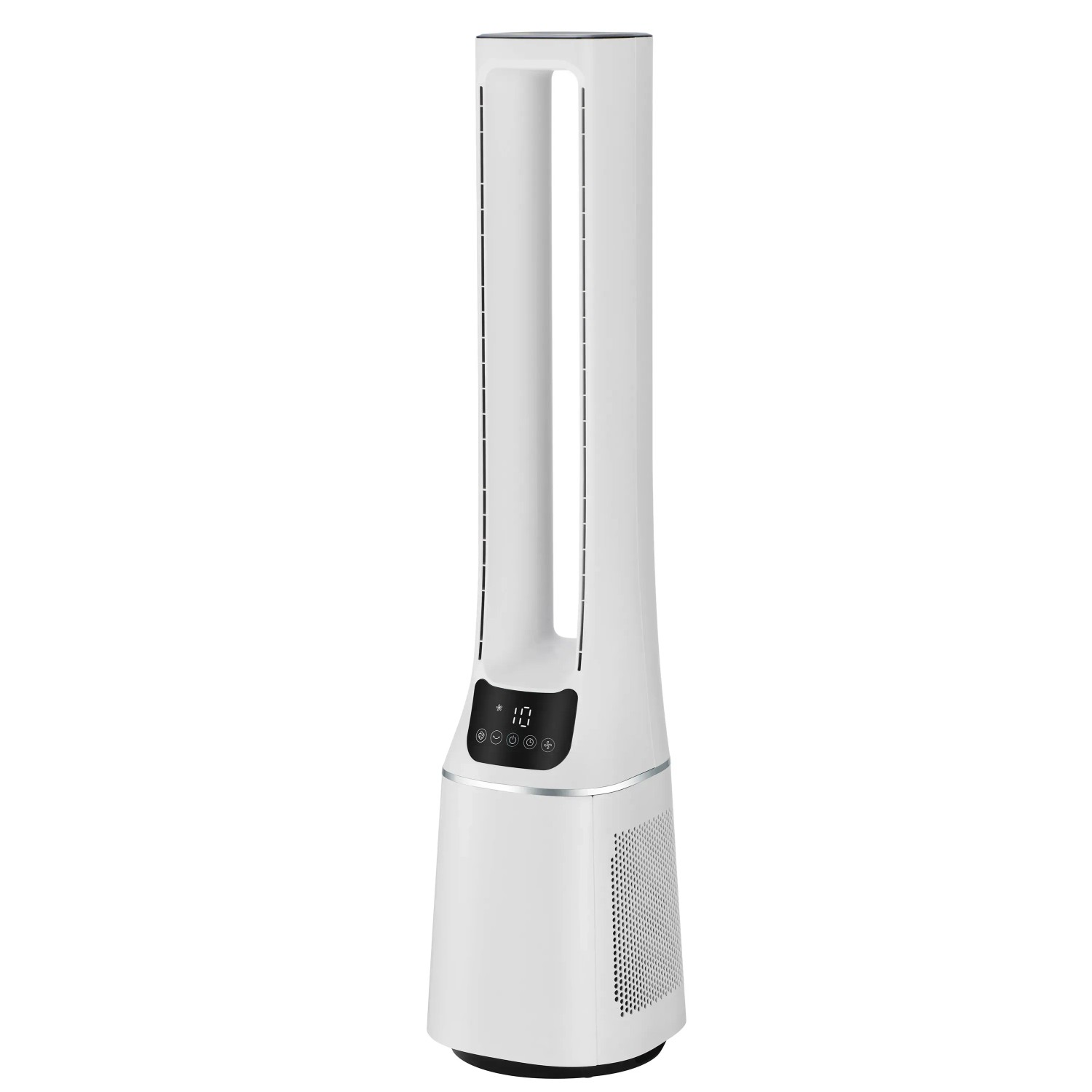 Weißer Midea Turmventilator mit Luftreiniger und digitaler Anzeige.