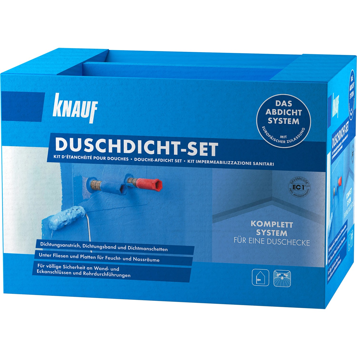 Knauf Duschdicht-Set: Komplettsystem zur Abdichtung von Duschen mit Dichtband, Anstrich und Manschetten.