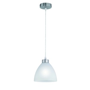 Moderne Pendelleuchte Dallas mit mattem Nickelsockel und weißem, bauchigem Glasschirm. 1-flammig.