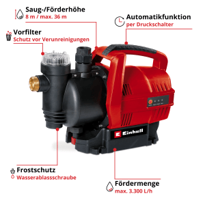 Einhell GC-AW 6033 Hauswasserautomat: Rote Gartenpumpe mit Vorfilter und Tragegriff.