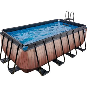 Rechteckiger EXIT Wood Pool in Braun mit Leiter und Filterpumpe, 400x200x122 cm.