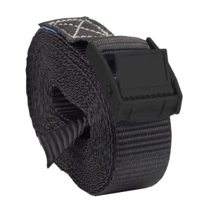 Schwarzer TRUTZHOLM Spanngurt (5m) mit Klemmschloss, aufgerollt.