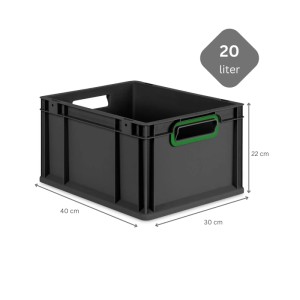 Schwarze PROREGAL Eurobox Nextgen, 20 Liter mit grünem Griff. Aufbewahrungsbox, Transportbox.