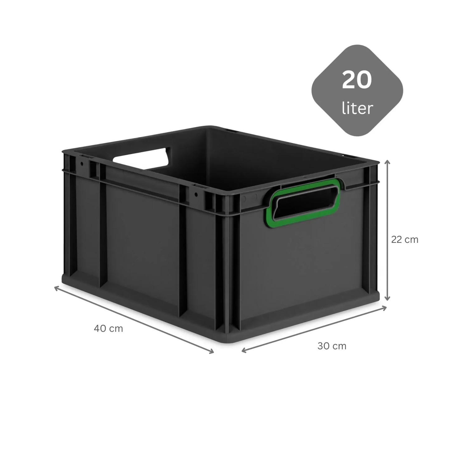 Schwarze PROREGAL Eurobox Nextgen, 20 Liter mit grünem Griff. Aufbewahrungsbox, Transportbox.