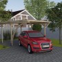 Weka Einzelcarport 606 A mit Rundbogen, 300x500 cm, mit rotem Auto darunter.