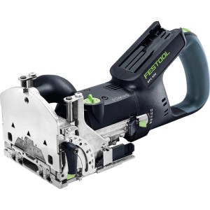 Festool Akku-Dübelfräse DFC 500, schwarz/silber mit grünem Griff und präzisen Einstellskalen für Holzverbindungen.