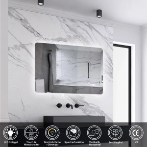 Aica Badspiegel 60x40 cm mit LED-Beleuchtung, Touch-Funktion und drei Lichtfarben vor Marmorwand.