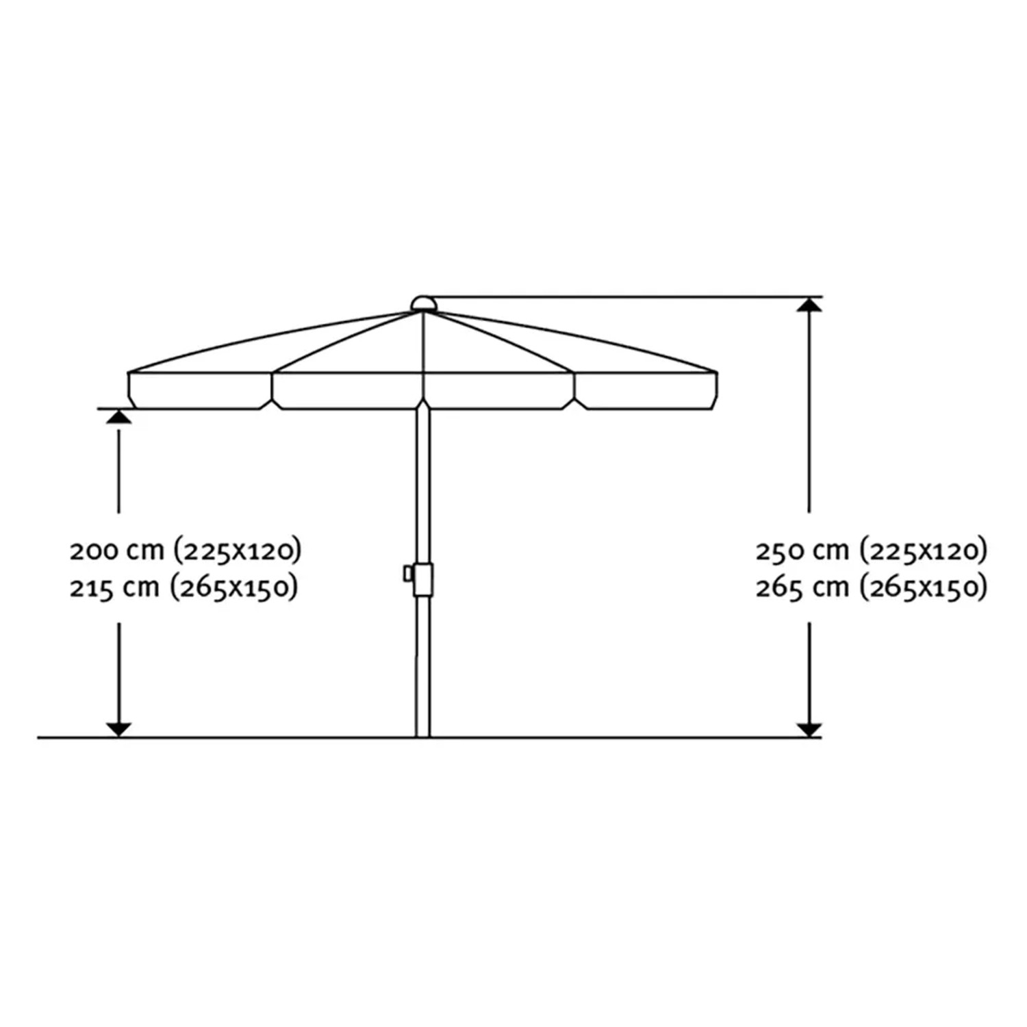 Skizze des Schneider Balkonschirm Aquila 225x120 cm mit Maßangaben.