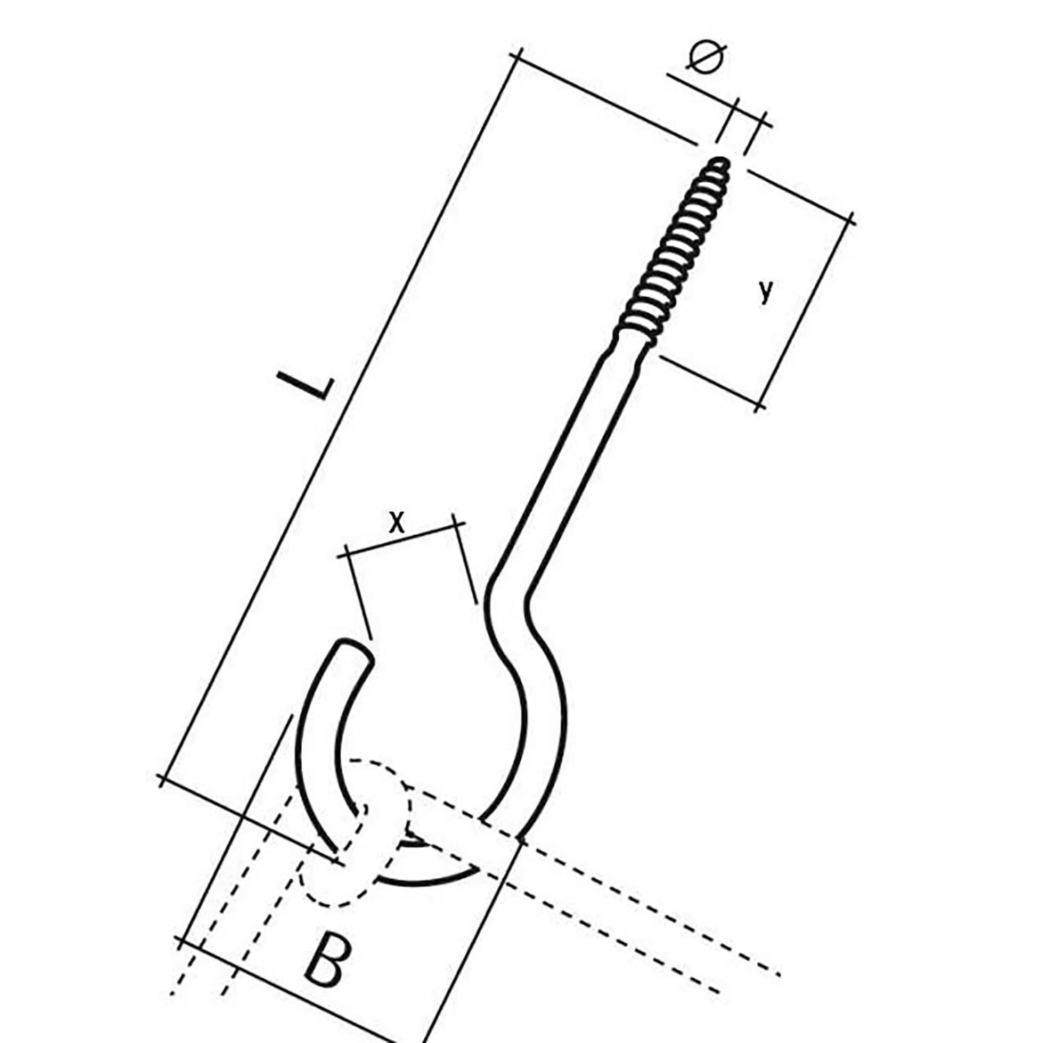 Technische Zeichnung Conacord Wäscheleinen-Haken, Stahl, 5,9 x 65 mm, weiß, mit Maßangaben.
