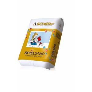 25 kg Sack Spielsand, Gold-Braun, Körnung 0,06-1 mm, mit kindgerechter Illustration.