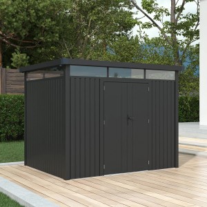 Modernes Juskys Gerätehaus Luzern L in Anthrazit (7,8 m²) mit Fenster und Doppeltür.