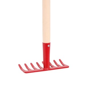 Roter Galaflor Gartenrechen aus pulverbeschichtetem Stahl mit Holzstiel, 15 cm Arbeitsbreite, für Beete.